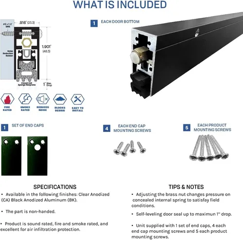 Vista 2 de Parte inferior automática de la puerta con extrusión de goma de neopreno de esponja en aluminio anodizado negro (7163BK), SMS #8 x 1-1/2 pulgadas