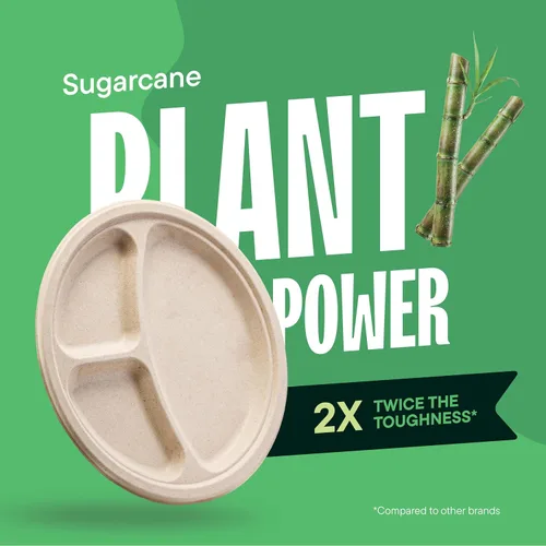 Vista 5 de Platos de papel desechables 100% compostables, 3 compartimentos, [125 unidades] - {Sin PFAS} - {Certificado BPA} - [10 pulgadas] Bandejas