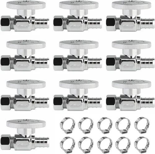 Vista 25 de Válvula de Parada Angular WiseWater 1/2" FNPT x 3/8" OD de Compresión, Válvula de Cierre de Inodoro de Cuarto de Vuelta de Latón Cromado para Baño