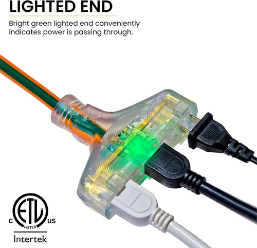 Vista 3 de GoGreen Power (GG-15225) Cable de extensión SJTW de 3 salidas de 12/3 de 25 pies, extremo iluminado, 25 pies