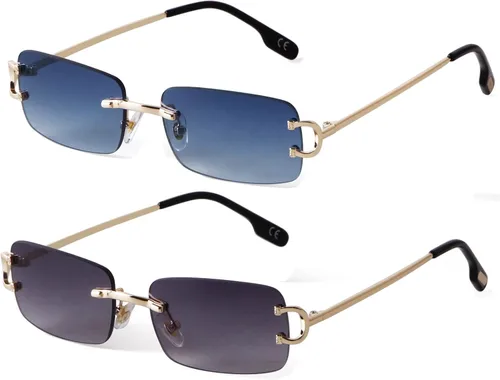 Vista 16 de Rimless Sunglasses for Men Women Small Narrow Rectangle Sunglasses 2 piezas: azul degradado+marrón degradado