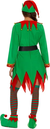 Vista 4 de Higen Disfraz de elfo para mujer, juego completo de 5 piezas, traje verde élfico de Navidad, traje divertido para adultos, vacaciones, fiesta
