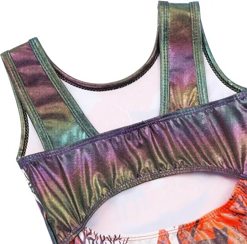 Vista 4 de BAOHULU Leotardos de gimnasia para niñas con pantalones cortos a juego, joyas brillantes, espalda abierta, ropa atlética para niños
