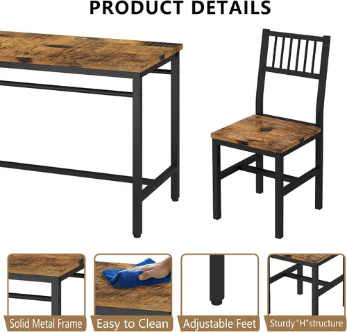 Vista 6 de AWQM - Juego de mesa de comedor de 47.2 pulgadas para 4, mesa industrial con 4 sillas curvas, juego de mesa de cocina rectangular de 5 piezas