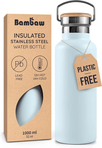 Vista 41 de Bambaw Botella de agua de acero inoxidable de 12 onzas, azul Egeo, 350 ml, de doble pared aislada, a prueba de fugas, apta para lavavajillas, sin