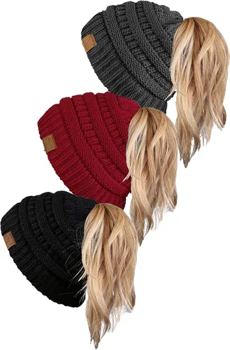 Vista 6 de Funky Junque Gorro para mujer con diseño de moño desordenado, color liso y acanalado