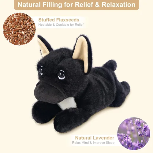 Vista 3 de SuzziPals Animales de peluche de perro negro calentables y refrigerables, lindos peluches de almohadilla térmica para microondas para calmar