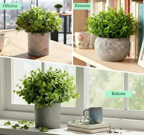 Vista 5 de Lemonfilter Pequeñas plantas falsas, paquete de 5 plantas artificiales de eucalipto en maceta para interiores, plantas falsas de plástico