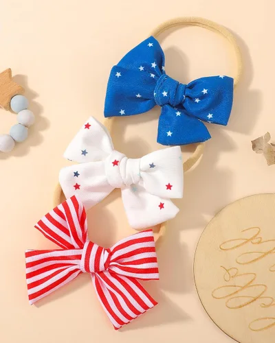 Vista 5 de doboi 3 diademas para el 4 de julio para niñas Star - Bandas de nailon y lino para el cabello, hechas a mano, accesorios para el cabello