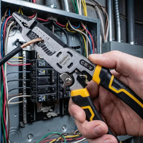 Vista 5 de Herramienta pelacables 8 en 1, alicates de electricista multifunción CR-V de 9 pulgadas, ideal para pelar, cortar, engarzar y sujetar cables. Agarre