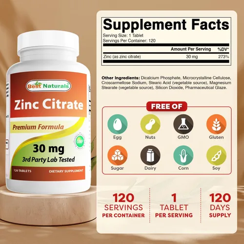 Vista 2 de Best Naturals Suplementos de zinc de 30 mg (como citrato de zinc), vitaminas de zinc para adultos, apoyo inmunológico, 120 tabletas