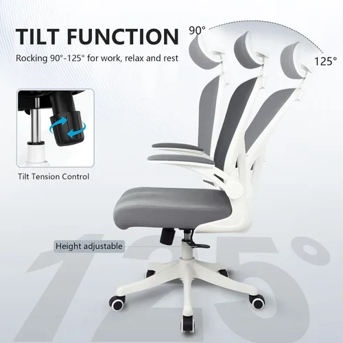 Vista 3 de Silla de escritorio ergonómica, soporte lumbar y reposacabezas 3D, silla de oficina en casa con respaldo de malla (gris)