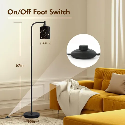 Vista 5 de Lámpara de pie industrial gótica con pantalla cortada láser estrellada, lámpara de pie de metal negro de 67 pulgadas con bombilla LED de 6 W