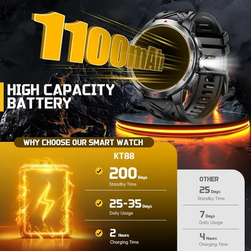 Vista 3 de Reloj inteligente militar para hombres con batería de 1100 mAh/linterna LED