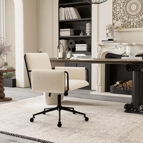 Vista 7 de Rowill Silla de oficina moderna, tela beige Boucle, altura ajustable, capacidad de 300 libras, ruedas, reposabrazos, perfecta para oficina en casa