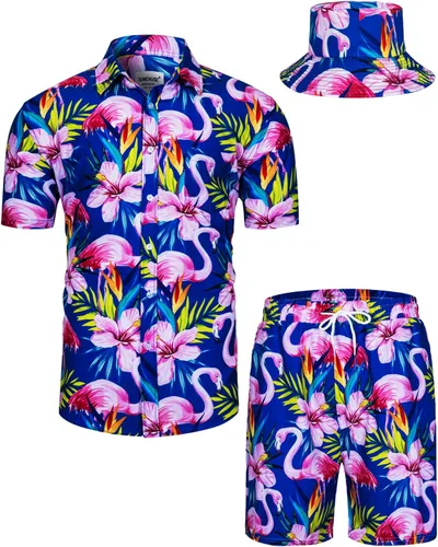 Vista 146 de TUNEVUSE Conjunto de camisas y pantalones cortos hawaianos para hombre, 2 piezas, trajes de playa con estampado de flores, traje tropical de verano