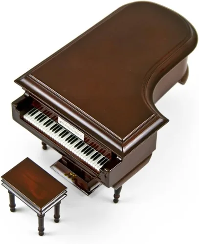 Vista 2 de Caja de música de piano con compartimento para joyas, sofisticado piano de cola musical en miniatura de 18 notas marrón brillante con banco, muchas
