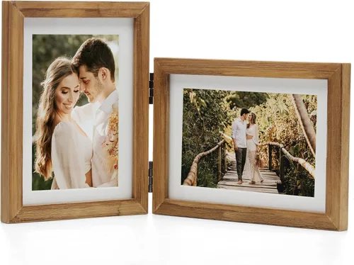 Vista 41 de Marcos de Fotos Dobles 4x4 con Bisagras Plegables en Negro para Colgar en la Pared o Poner en Mesa, Hechos de Madera de Pino con Vidrio Real P-44 *