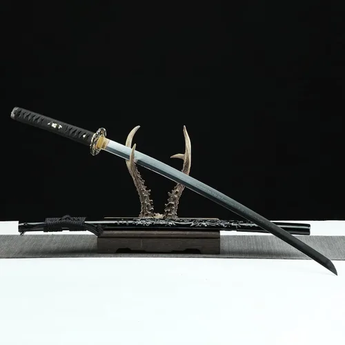 Vista 6 de Espada Katana negra de 41 pulgadas, acero de alto carbono, parte superior afilada, hecha a mano, espada samurái japonesa espiga completa