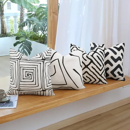 Vista 6 de Pyonic - Paquete de 2 fundas de almohada decorativas geométricas en blanco y negro, fundas de almohadón modernas y abstractas cuadradas para sofá