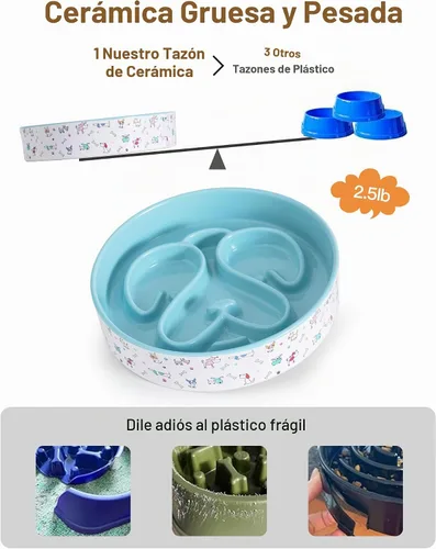 Vista 5 de Cuenco para perros de alimentación lenta, cuencos de cerámica de 8 pulgadas Azul