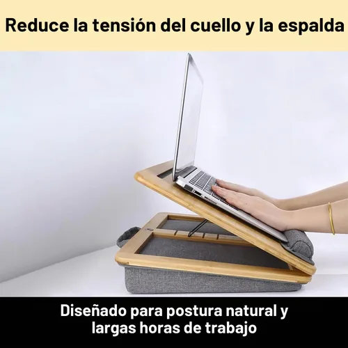 Vista 4 de Soporte plegable de madera para laptop para escritorio – Lapdesk ajustable y portátil con almohadilla – Elevador de laptop ergonómico de madera