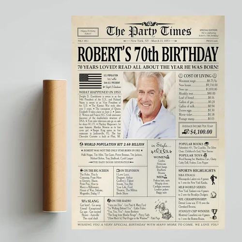 Vista 2 de Decoraciones personalizadas para fiesta de cumpleaños número 70, póster de periódico, lienzo de 0.75 pulgadas para mujeres y hombres, regalos de 1953