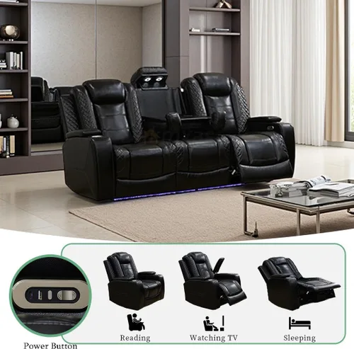 Vista 89 de Juego de sofá reclinable eléctrico, seccional de cuero transpirable beige, juego de muebles de sala de estar, 2 piezas, sofá reclinable eléctrico