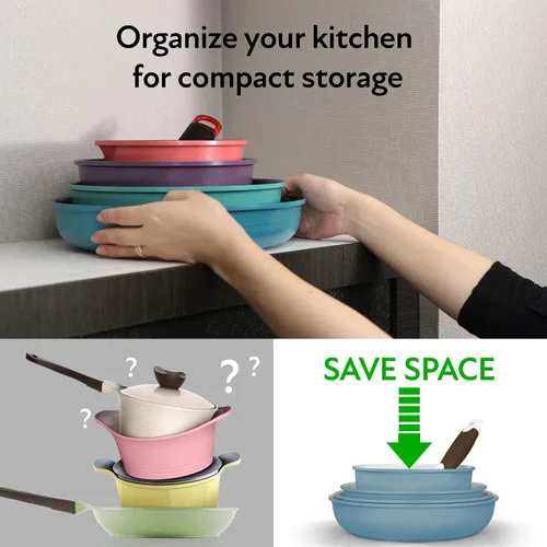 Vista 3 de [Usado] Neoflam Midas cerámica antiadherente utensilios de cocina set con mango extraíble, Midas Plus 9pc, Verde esmeralda