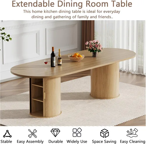Vista 4 de Mesa de comedor redonda extensible de 94 pulgadas con base de almacenamiento, mesa de comedor expandible natural para 10, mesa de comedor de madera