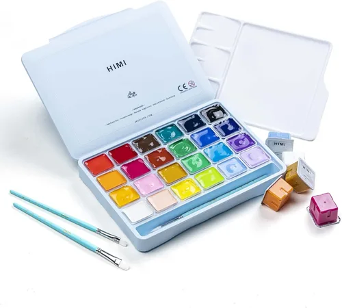 Vista 6 de HIMI Juego de pinturas gouache con 3 pinceles, 24 colores, 30 g, diseño de cápsula de gelatina, pintura no tóxica para lienzo y papel, suministros