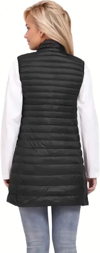 Vista 2 de ELFJOY Chaleco de plumón medio largo para mujer, chaleco acolchado ligero, chaqueta cortavientos elegante Negro