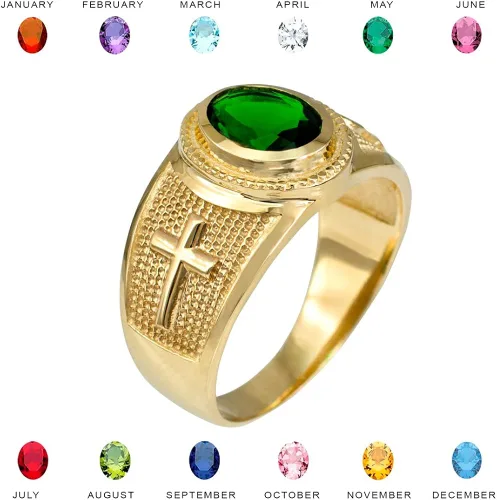Vista 2 de LABLINGZ - Anillo de oro amarillo de 10 quilates con cruz cristiana de piedra natal de mayo y circonita verde