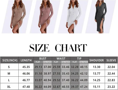 Vista 6 de Vestido tipo suéter con abertura y botones para mujer, cuello en V, manga larga, vestido casual, ajustado, de punto acanalado, vestido midi