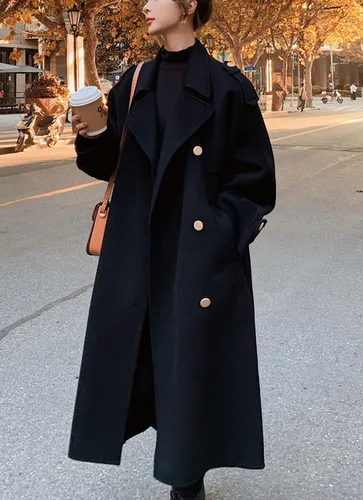 Vista 5 de chouyatou Abrigo de guisante de lana largo midi de doble botonadura para mujer con solapa de muesca, gabardina de invierno Negro