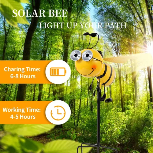 Vista 3 de Abeja de metal con ojos de luz solar, decoración de jardín de abeja, estacas decorativas de jardín para jardín, césped, valla, patio trasero, patio
