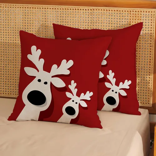 Vista 2 de Juego de 2 fundas de almohada navideñas de 16 x 16 pulgadas, fundas de almohada de lino color rojo con diseño de alces y ciervos de invierno