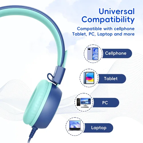 Vista 7 de KVIDIO Auriculares con cable para niños, volumen seguro de 85/94 dB, sobre la oreja con micrófono integrado, aislamiento de ruido, ajustable