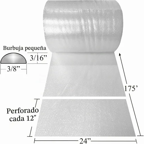 Vista 2 de Uboxes Rollo de burbujas de 24 pulgadas de ancho x 175 pies pequeñas burbujas 3/16 perforadas cada 12, transparente, BUBBSMA24175