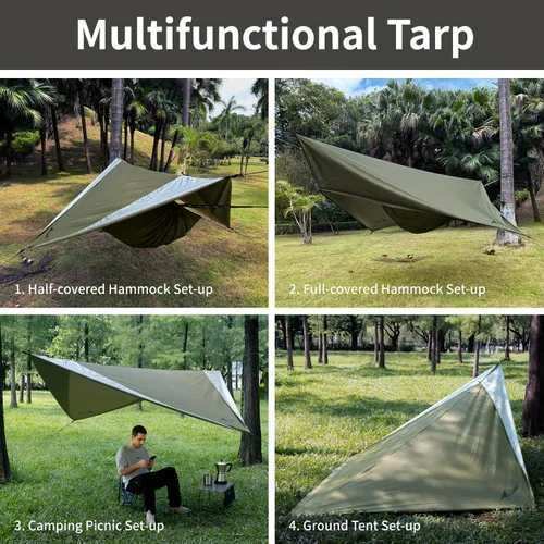 Vista 4 de Hamaca con mosca de lluvia, lona impermeable de 11 x 9 pies con puertas, lona ligera y con protección UV, multifuncional para mochileros