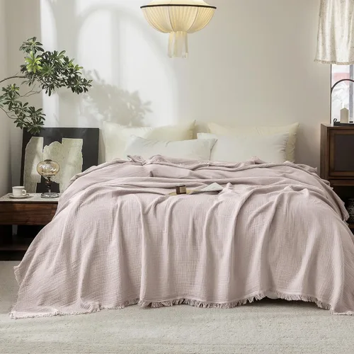 Vista 40 de FOSSA Manta de Muselina con Flecos - Gasa de Algodón 100% de 4 Capas Súper Suave y Transpirable - Manta Decorativa Ligera y Refrescante para Cama