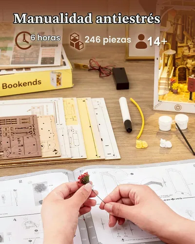 Vista 5 de Rolife Kit de rincón de libros de bricolaje 3D de madera para adultos, estantería de 9.5 pulgadas, decoración interior con kit de casa de muñecas