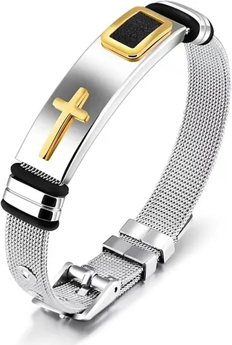Vista 15 de Pulsera de Cruz para Hombres de Acero Inoxidable Pulsera Cristiana Joyería Religiosa con Diseño de Malla Moderno Regalo de Personalidad para Hombres