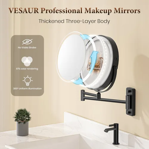 Vista 5 de Espejo de maquillaje iluminado grande de 9 pulgadas, espejo de aumento recargable de 5000 mAh con 3 luces de color regulables al tacto, brazo