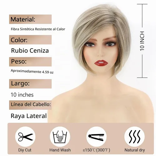 Vista 4 de TISHINING Pelucas rubias cortas en capas para mujeres blancas, longitud de la barbilla, color rubio ceniza, parte lateral, peluca Pixie Bob, cabello