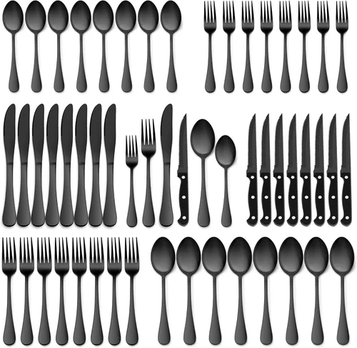 Vista 12 de E-far Juego de cubiertos negros de 24 piezas con cuchillos para carne, cubiertos de acero inoxidable para 4, modernos juegos de utensilios de metal