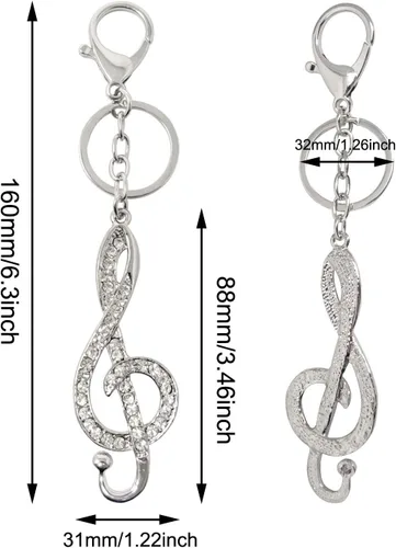 Vista 2 de Honbay 1 llavero de metal con diamantes de imitación para notas musicales, símbolo de música brillante, llavero para bolso, cartera, teléfono