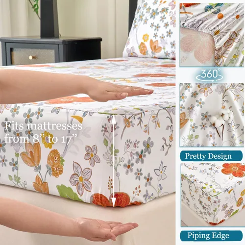 Vista 3 de Zusbest Juego de sábanas florales de 100 % algodón percal, color naranja y amarillo, juego de sábanas suaves y transpirables con diseño botánico