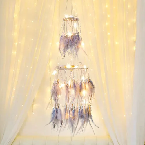Vista 2 de Dremisland Atrapasueños de Plumas Blancas de Doble Círculo con Luces LED de Hadas Móviles, Adornos Colgantes de Pared, Decoración de Techo