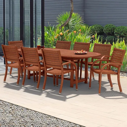 Vista 11 de Brampton Patio Brampton Coventry - Juego de comedor rectangular de 5 piezas, acabado de teca oscura y sillas apilables, ideal para patio y exteriores